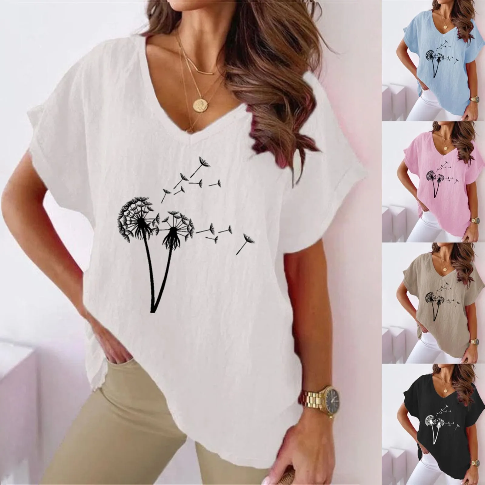

Botanical Print V Neck Cotton Casual Bat Short Sleeve T Shirt Women Large Women T Shirts