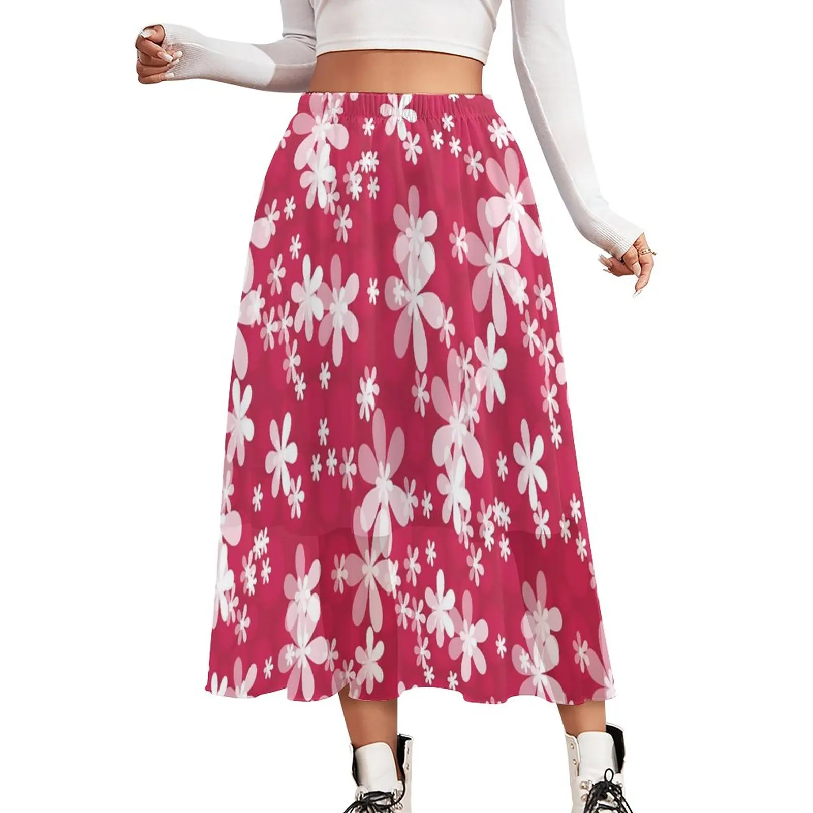 

Белая шифоновая юбка с маргаритками, винтажные длинные юбки с цветочным принтом в уличном стиле, женская элегантная юбка-трапеция, дизайнерская одежда, идея для подарка