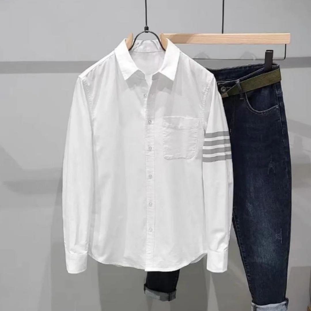 

2023 TB Shirts Classic 4-bar Striped Fashion Korean Design Women Tops Long Sleeve Four Season Men's Casual Business Dress Shirt