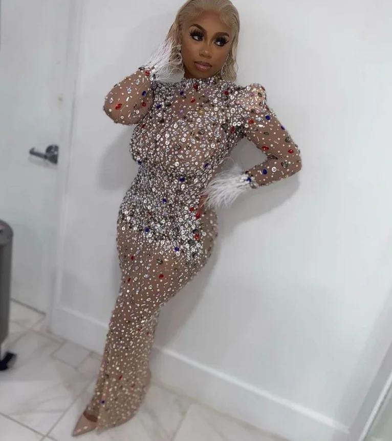 Fashion Women's Mesh Crystal Long Sleeve Long Dress Women's Party Party Skinny Rhinestone Dress Birthday Dress Mini Dresses