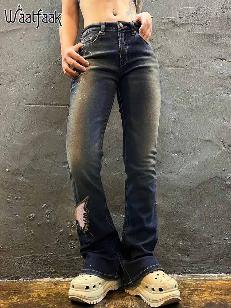 

Waatfaak Butterfly Print Vintage Y2K Jeans Low Rise Skinny Blue Denim Retro Pockets Streetwear Crop Flare Pants Women Harajuku