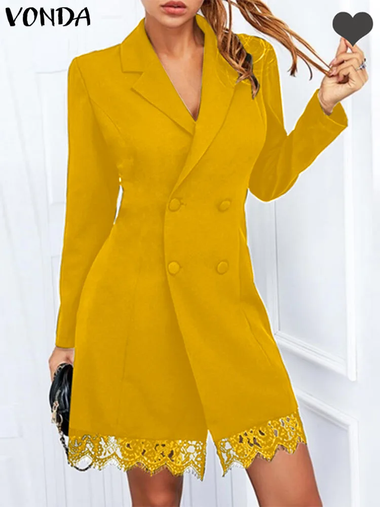 

VONDA Elegant Lace Dress 2022 Autumn Women Long Sleeve Lapel Stitching Party Blazer Vestidos Casual Solid Office Mini Dresses
