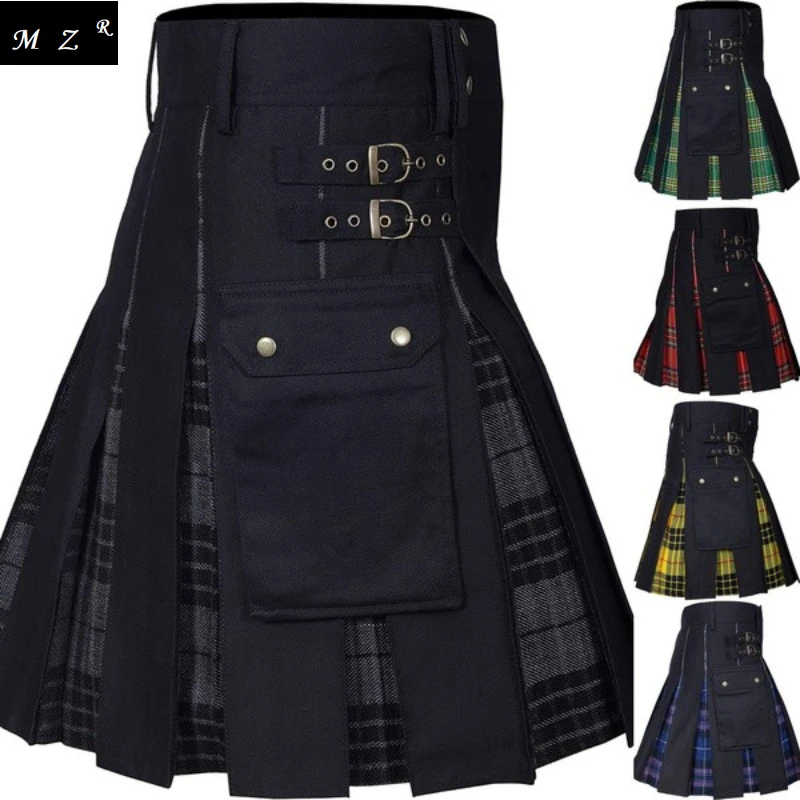 

Men's Medieval Plaid Pleated Skirt Modern Denim Blended Cotton Scottish Traditional Men's Short Skirt Clothing