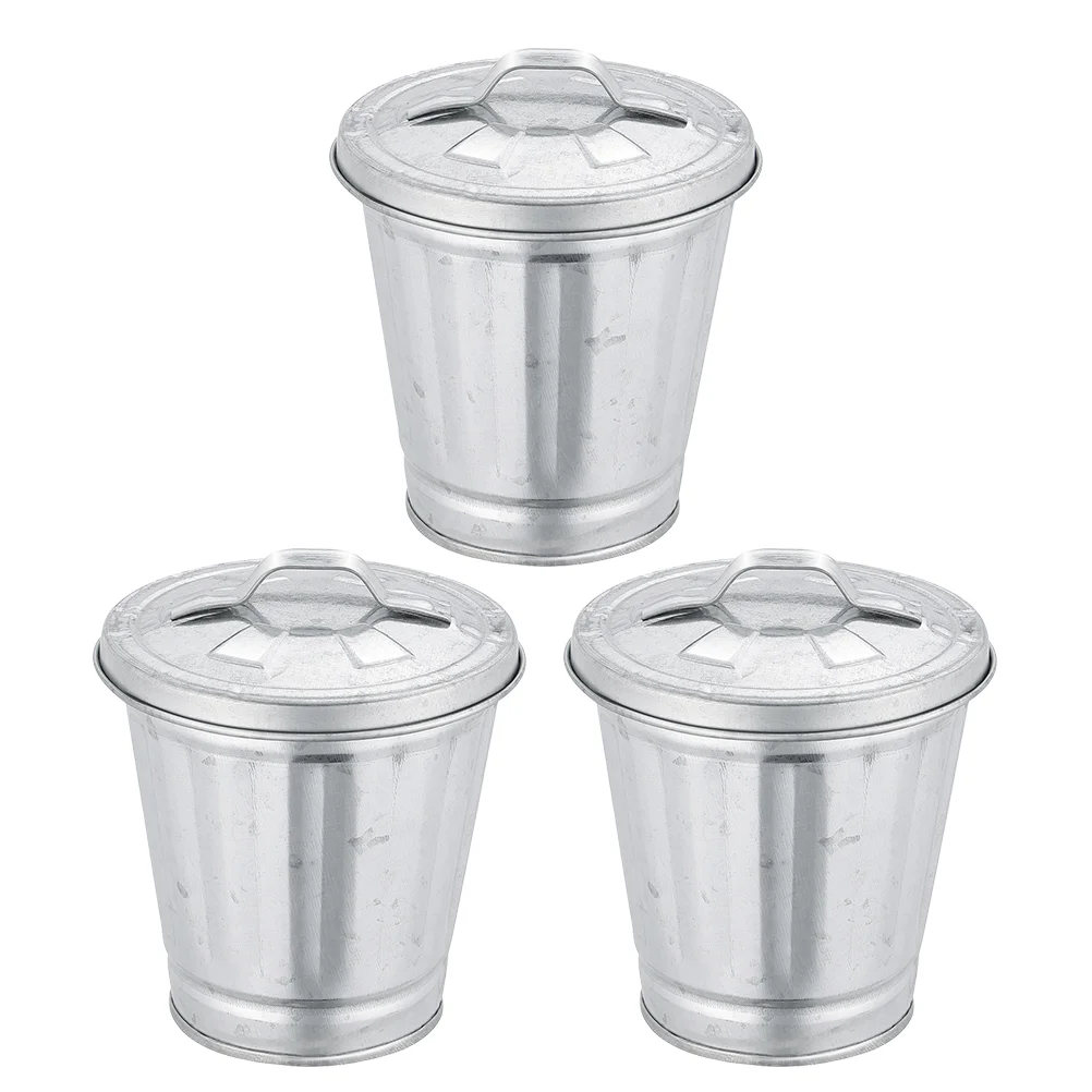 

3 Pcs Mini Trash Can Galvanised Planter Flowerpot Desktop Wastebasket Garbage Container Lid Iron Flowerpots Office