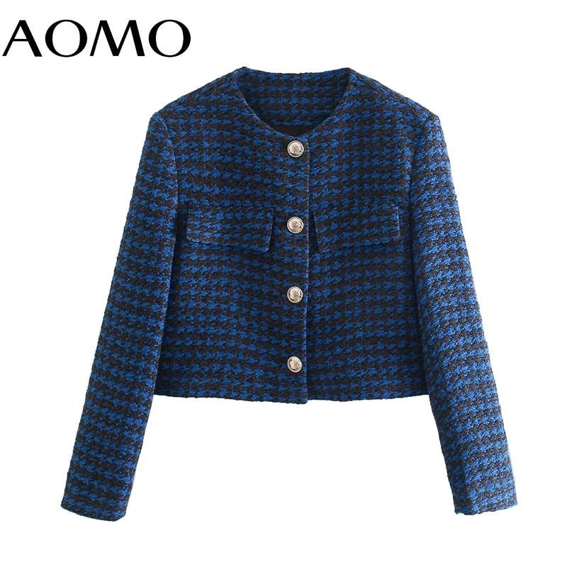 

AOMO Women Tweed Crop Blazer Coat Vintage Notched Collar Pocket Fashion Female Casual Chic Tops QD116A
