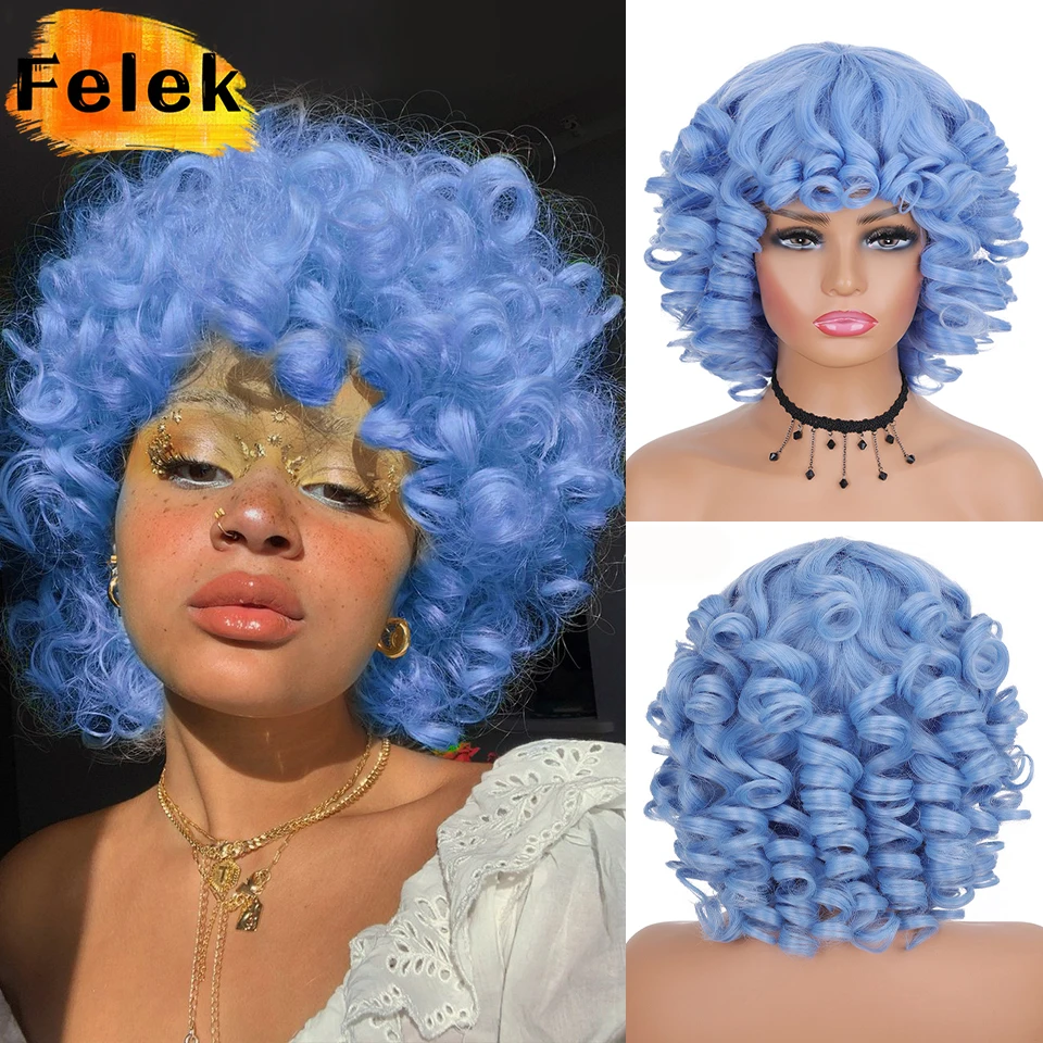 Short Hair Afro Kinky Curly Wigs With Bangs For Black Women Natural Synthetic Ombre Glueless Blonde Red Cosplay Bob Wigs FELEK