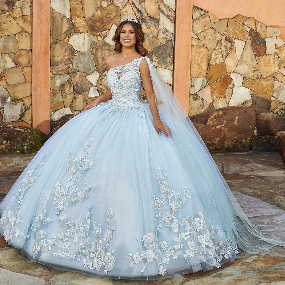 

Princess One Shoulder Quinceanera Dress Lace Appliques with Shawl Light Sky Blue Tulle Sweet 16 Girls Prom Party Gowns