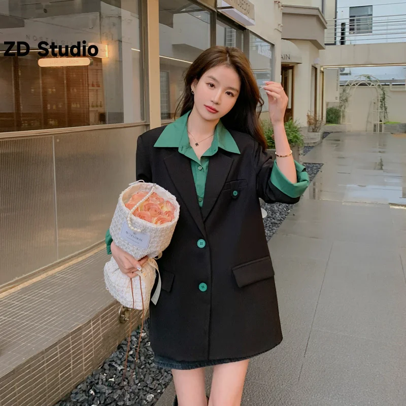 

[ZD Studio] Patchwork Blazer Women Niche Green Lapel Single Breasted Casual Coats Female Clothing 2023 Autumn New