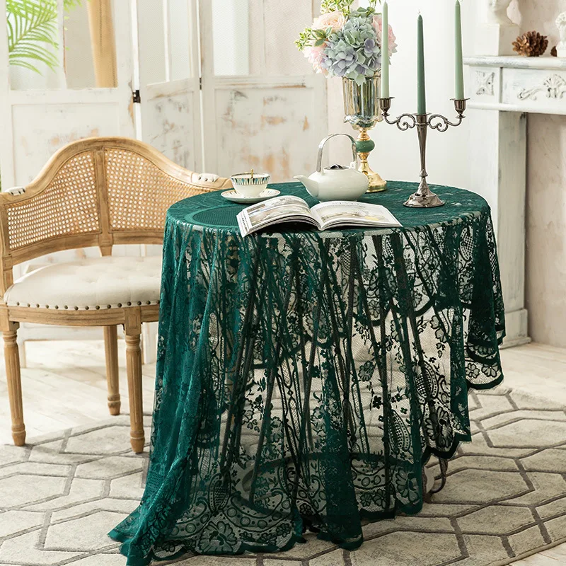 

American Ins Style Wedding Party Retro Dark Green Lace Hollowed Out Round Tablecloth Table Cloth Floral European Tablecloths