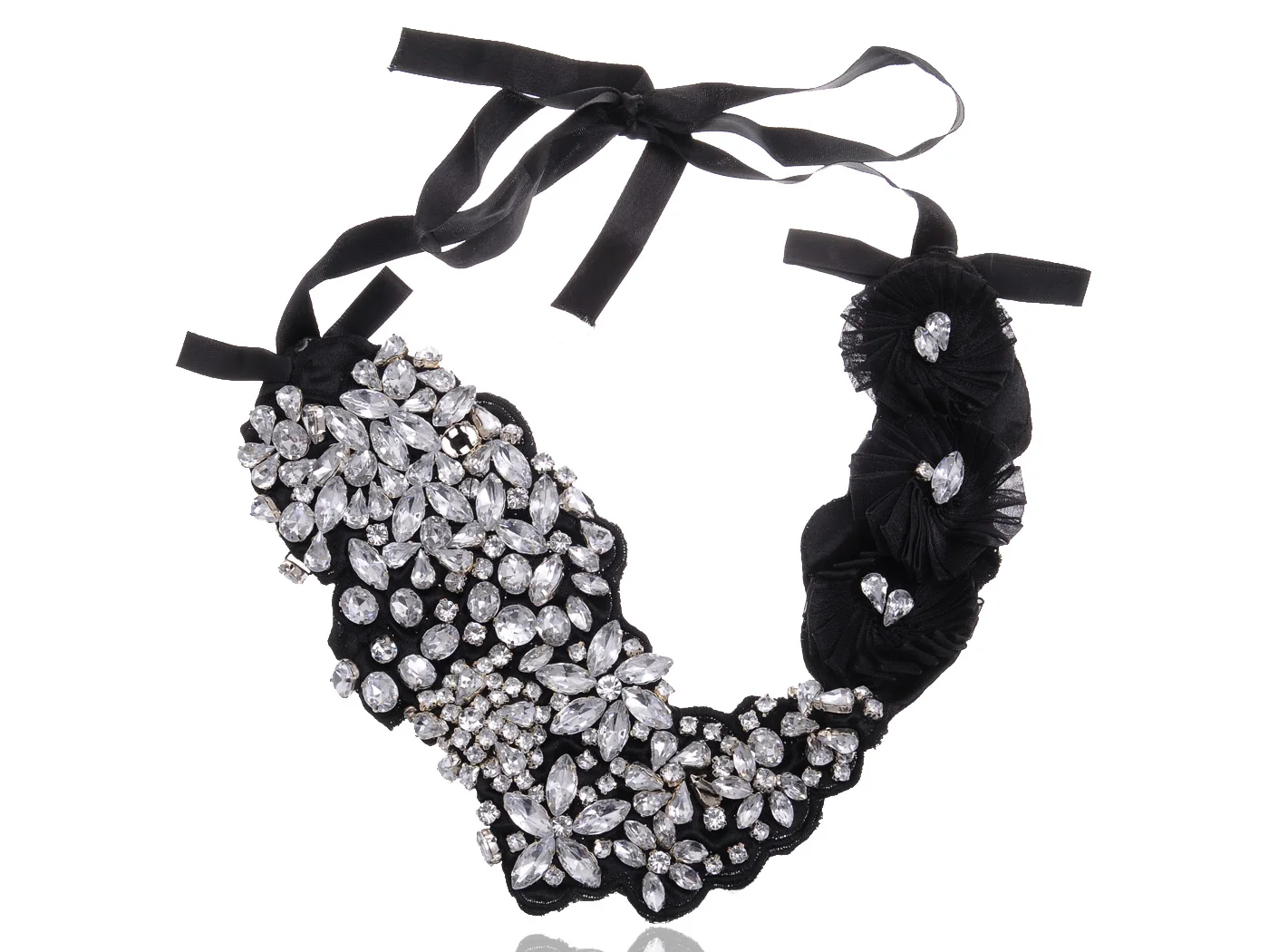 

Flower Acrylic Crystal Gem Jewel Cluster Fabric Grosgrain Bow Black Bib Necklace