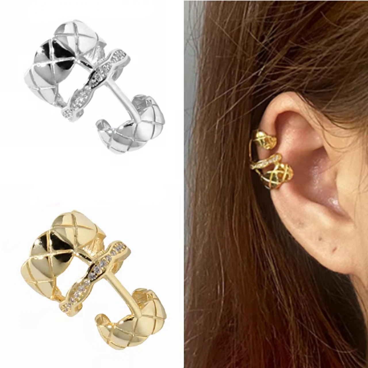 

S925 Sterling Silver Diamond Pattern Multi-layer Ear Clip Design Sense Light Luxury Simple Clip Earring Jewelry Wholesale
