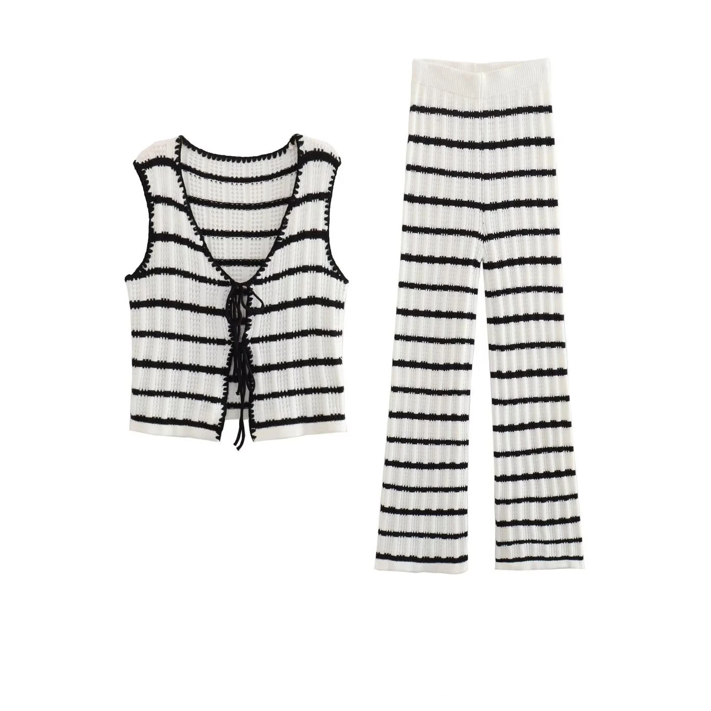 

TRAF Women Fashion Striped Knit Straight Pants Vintage High Waist with Elastic Waistband Female Trousers Mujer Casual Clothes