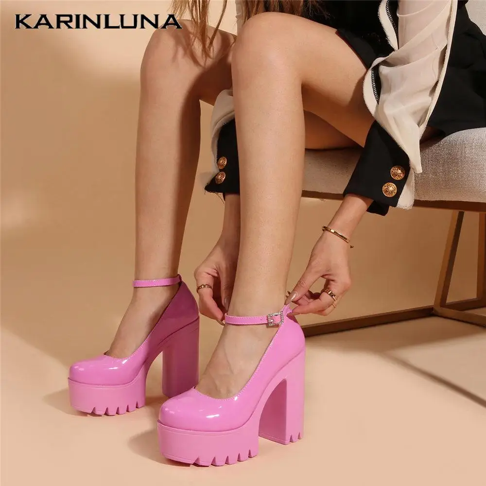 Brand Design 2023 Spring Summer Cute Sweet Pumps For Women Black Pink Ankle Strap Square High Heels Chunky Platform Shoes Comfy