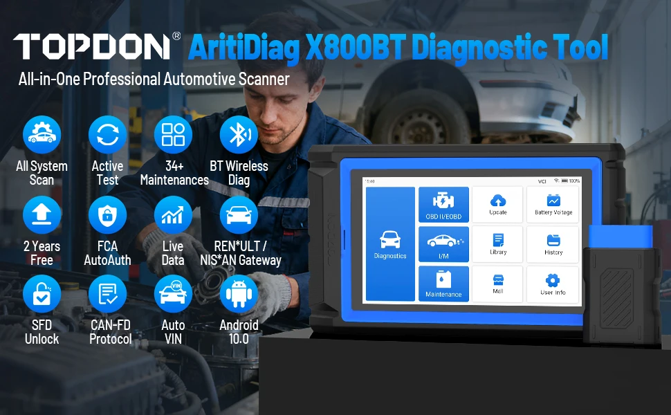 Фото Новый TOPDON VeriDiag X800BT: Мультисистемный OBD2 сканер с 34+ функциями сброса, Bluetooth, двунаправленным считыванием кодов неисправностей, обновление инструмента AD800BT №3