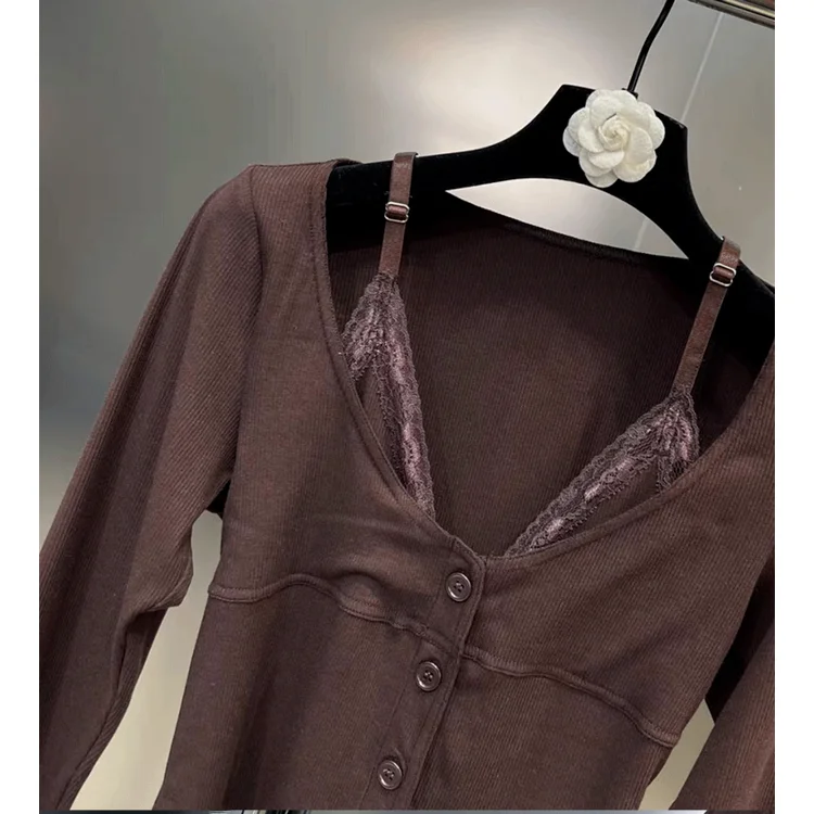 Gyaru Sle Сексуальная Лоскутная кружевная рубашка на бретельках с длинным рукавом