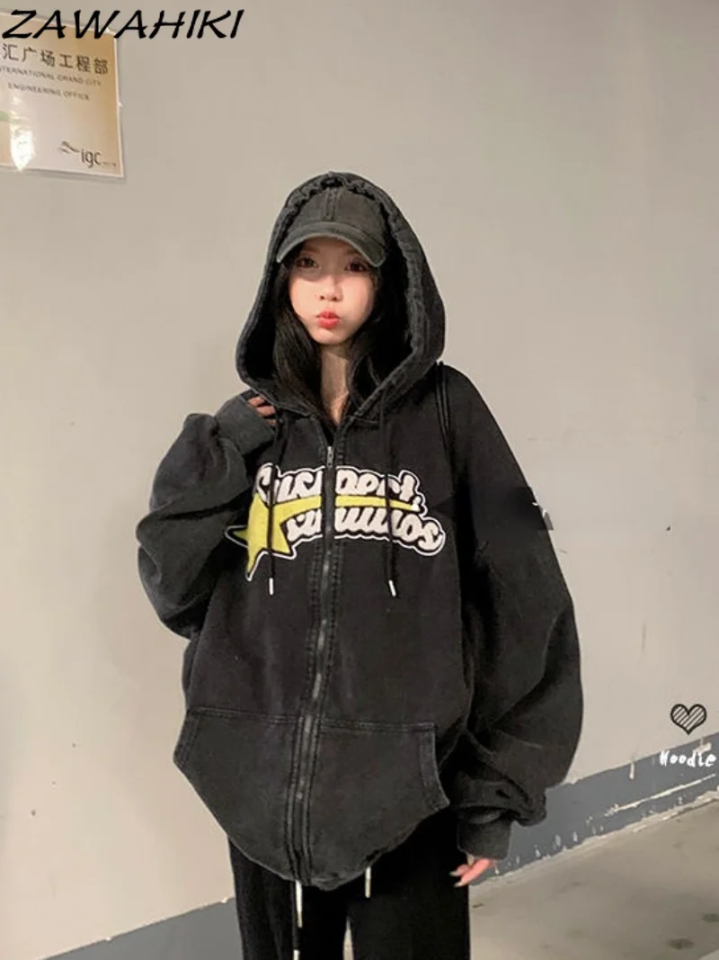

Hip Hop Letter Printed Hoodies Harajuku High Street Hooded Sweatshirts Y2K Streetwear Gothic Zip Up Loose Jacket Coats