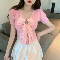 designer new women sexy slim fit v neck knitted tees tops lace bowknot crystal short sleeve t shirt office ladies knitwear top