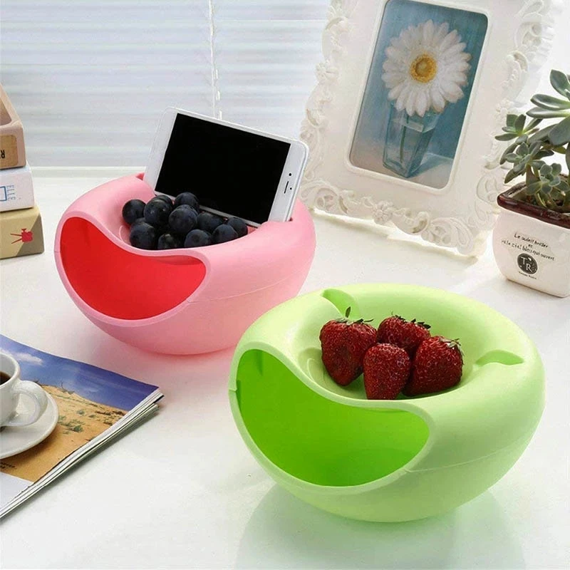 

Creative Bowl Double Layer Dry Fruit Containers Snacks Seeds Storage Box Garbage Holder Plate Dish Organizer with Phone Holde