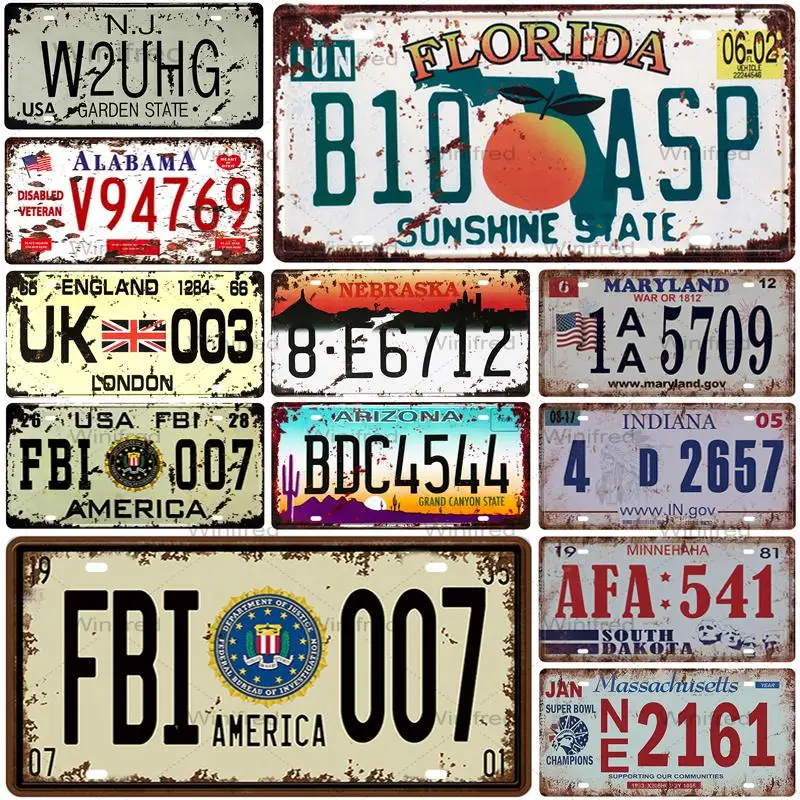 

USA Alabama UK Car License Number Metal Plate Plaque Vintage Tin Sign Creative Bar Club Pub Wall Decoration Iron Painting