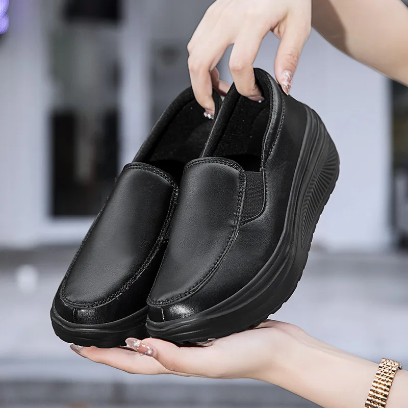 Platform Sports Shoes Woman Women's Spring Genuine Leather Soft Outsole Work Female Black Swing Plus Size Wedges Single Summer