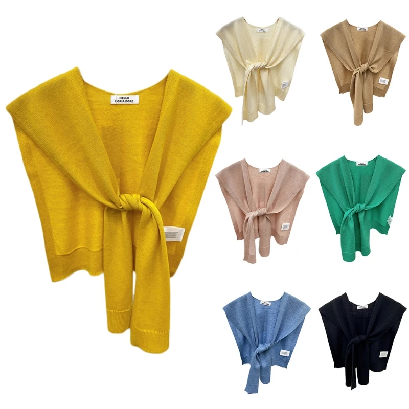 

Women Autumn Knit Shawl Scarf Solid Color Tie Knot Front Shoulder Wrap Cardigan Sweater Cape Detachable False Collar Poncho 918F