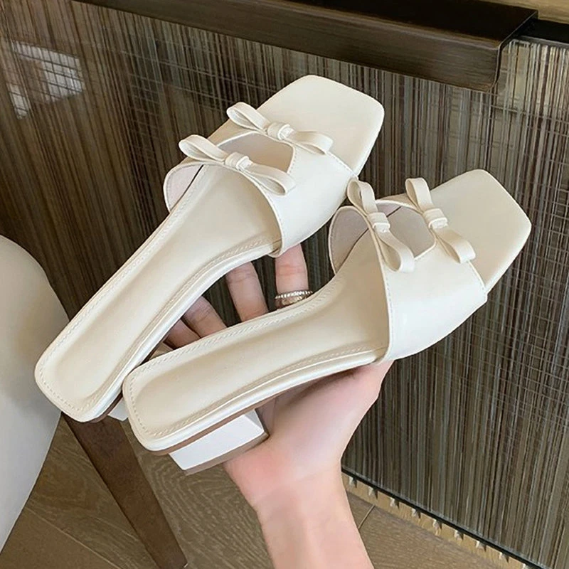 

2023 Summer New Brand Women Slipper Fashion Bowtie Slip On Sandal Low Square Heel Outdoor Casual Beach Slides Shoes Flip Flop