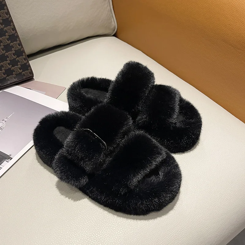 

Winter Fashion Soft Warm Comfort Flat Fur Slipper Brand Designer Slip on Loafers Mules Flip Flops Casual Indoor Zapatillas