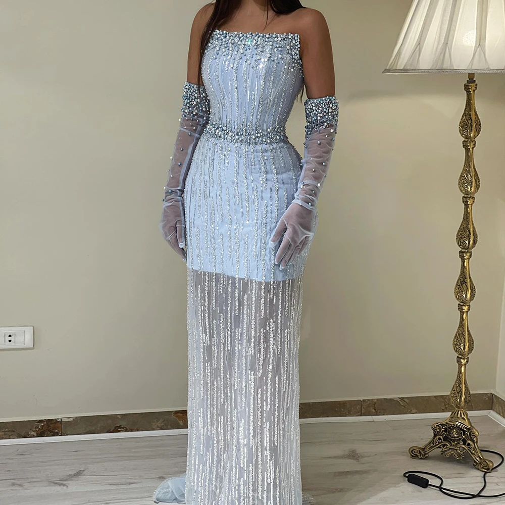 

Light Blue Pearls Luxury Dubai Evening Dresses For Women 2023 Elegant Strapless Arabic Wedding Party Formal Gown with Beading