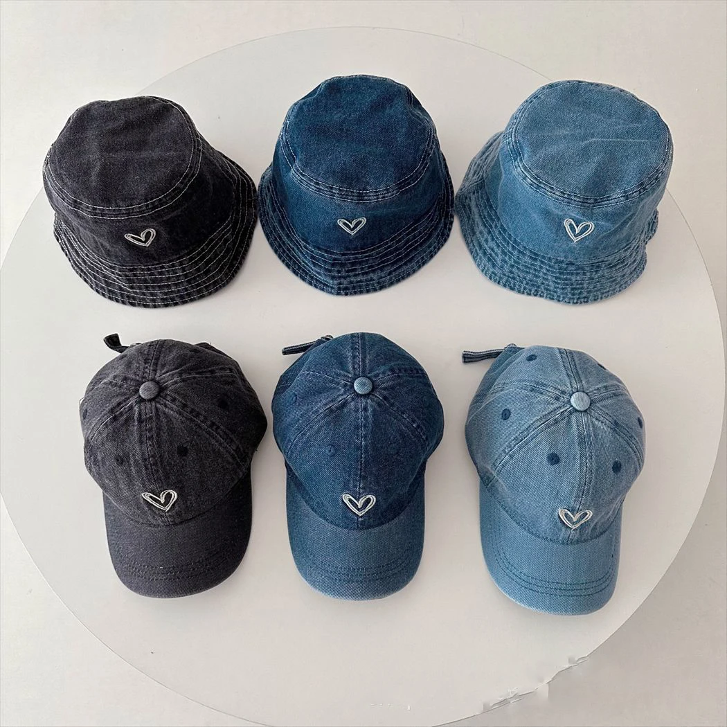 

Korean Style Baseball Hat Love Embroidery Washed Denim Children's Curved Brim Flat Top Fisherman Hat Boys Girls Fashion Headwear