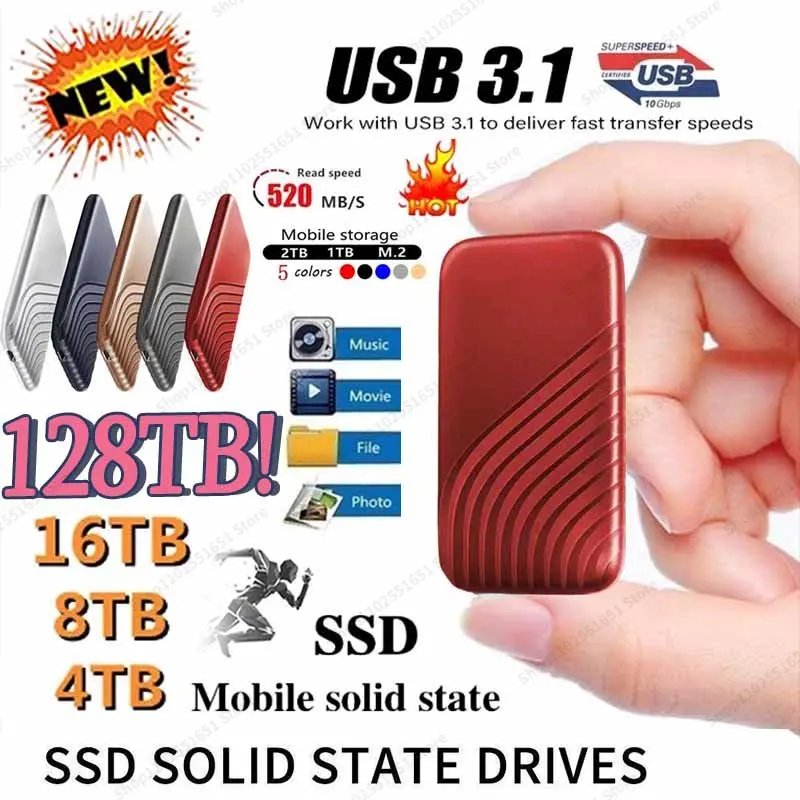 

Portable 128TB 64TB M.2 SSD 2.5 4TB External HDD USB3.1 Mobile Hard Drive 8TB 16TB 32TB SSD Storage HD Hard Disk For Laptops