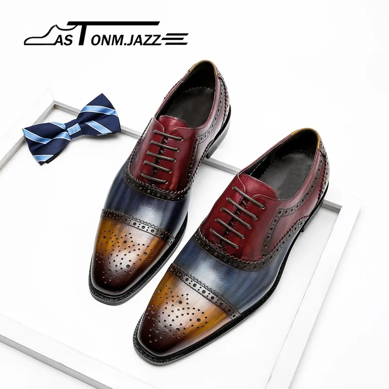 

Men's genuine leather formal men's shoes lace-up pig lining gentlemen color matching personality trend breathable leather shoes