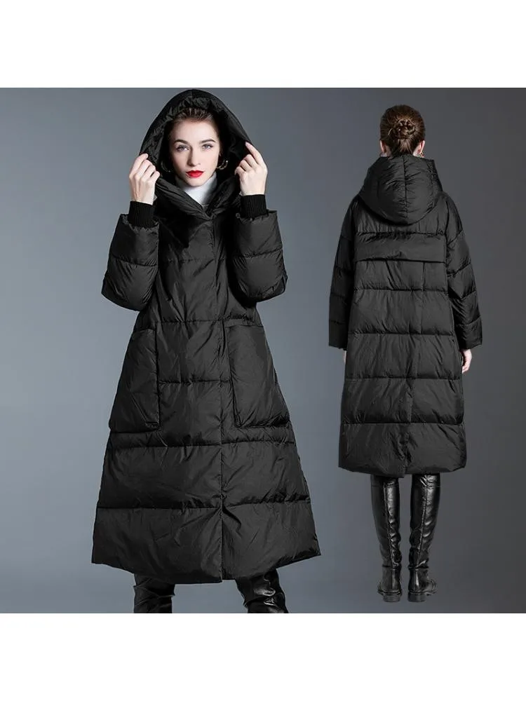 European Style 2022 Winter High End Loose Hooded Padded Black Long 90 White Duck Down Coats Women Warm Bread Clothing Jackets