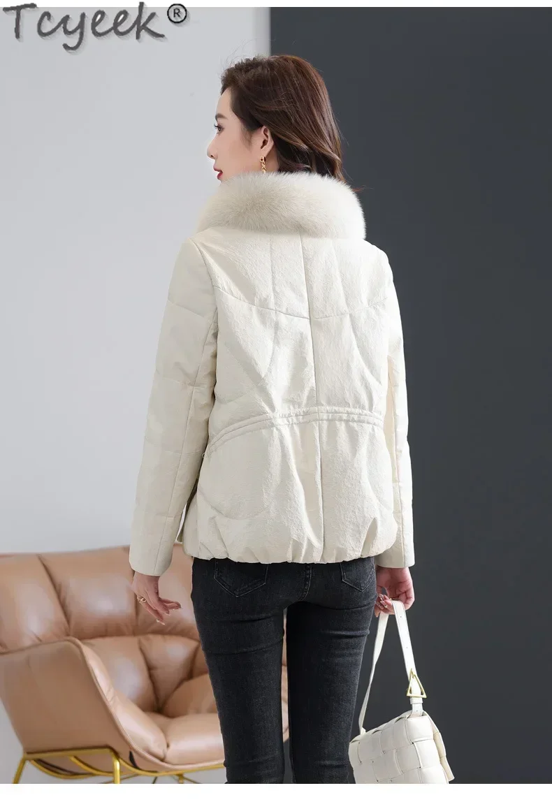 Женский пуховик из натуральной кожи Tcyeek зимний теплый с воротником натурального