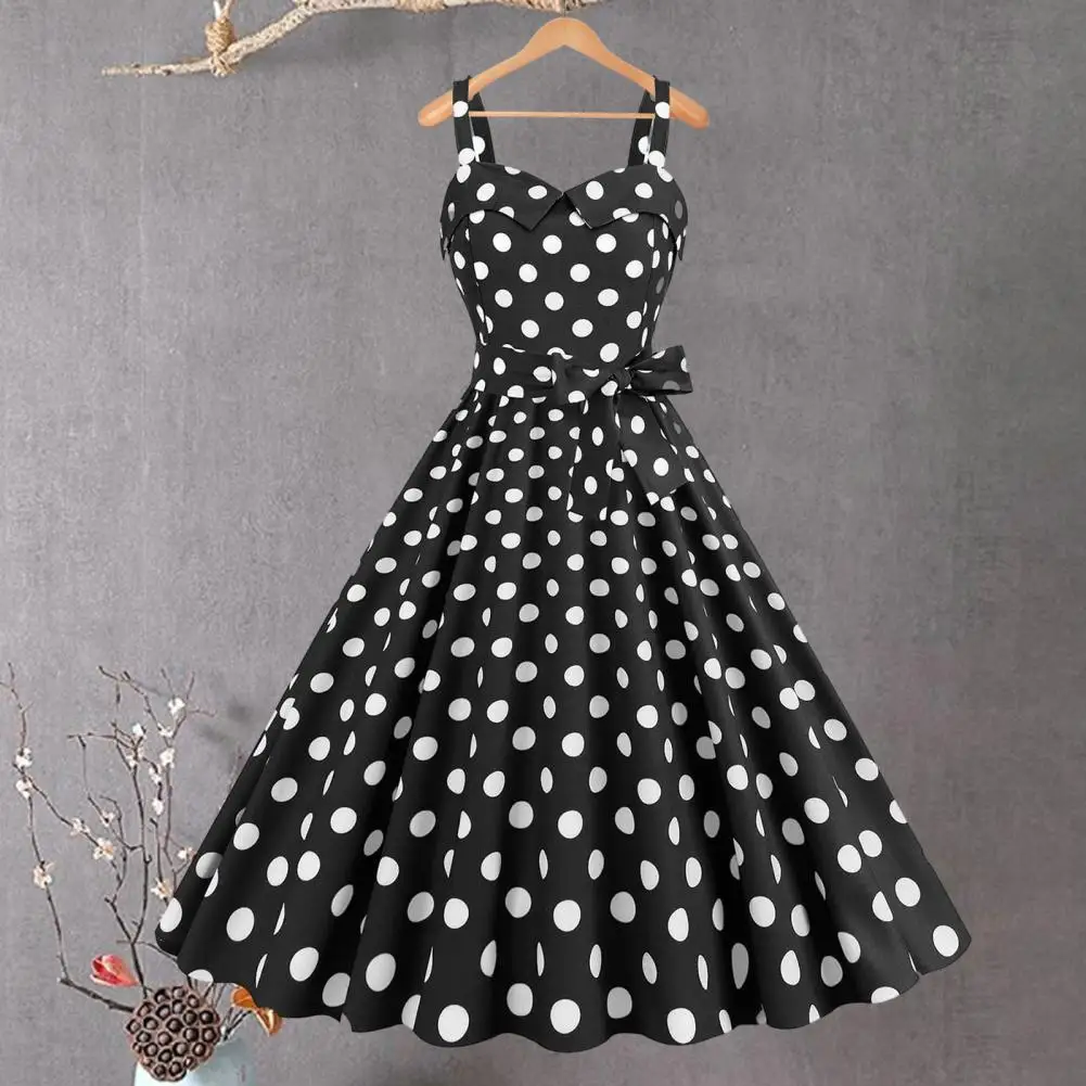 

Women Evening Dress Retro A-line Swing Dot Print Dress Vintage 50s Style with Contrast Color Elastic Bust Backless Design Halter