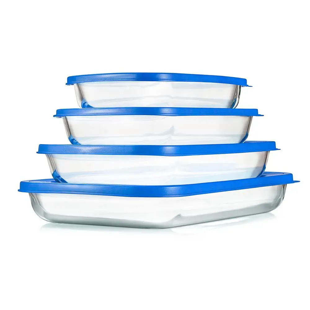 

Free Shipping 4 Sets Glass Bakeware - High Borosilicate Rectangular Glass Baking Dish w/ Blue BPA-Free PE Lids Freezer-to-Oven H