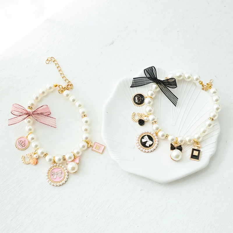 

Pet Cat Collar Sweet Bow Pearl Bell Necklace Pet Dog Jewelry Pendant Princess Decorations Cute Puppy Rhinestone Collar