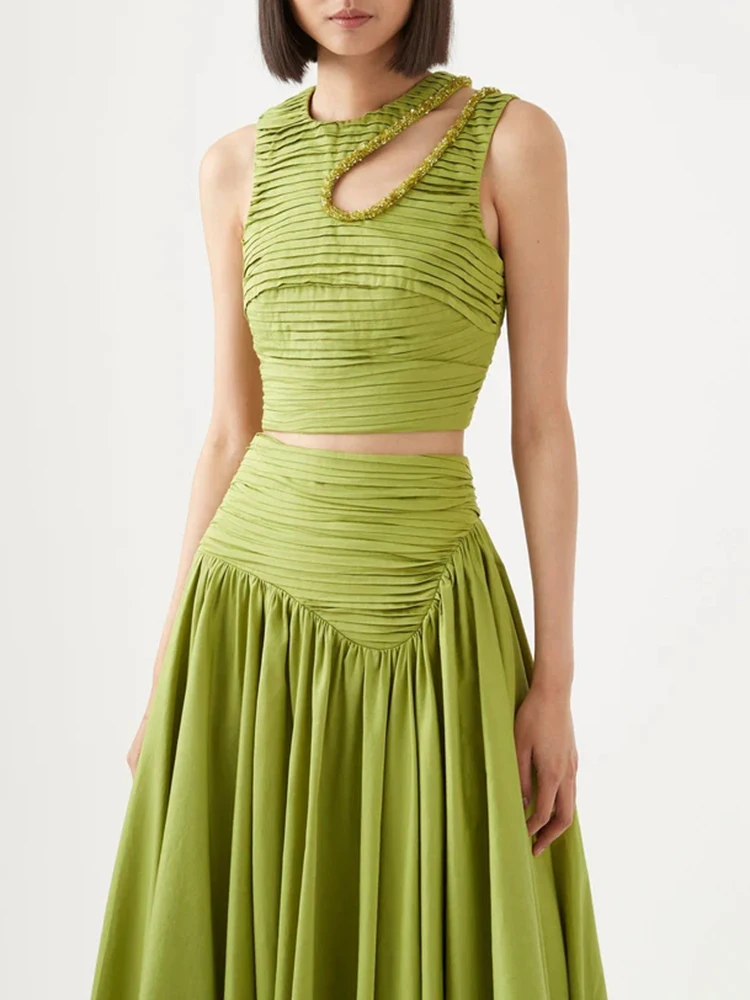 

Sleeveless Hollow Out Pleat Crop Tops Irregular Hem Pleated Skirt Solid Set Female Slim Two Piece Sets For Women Round Neck