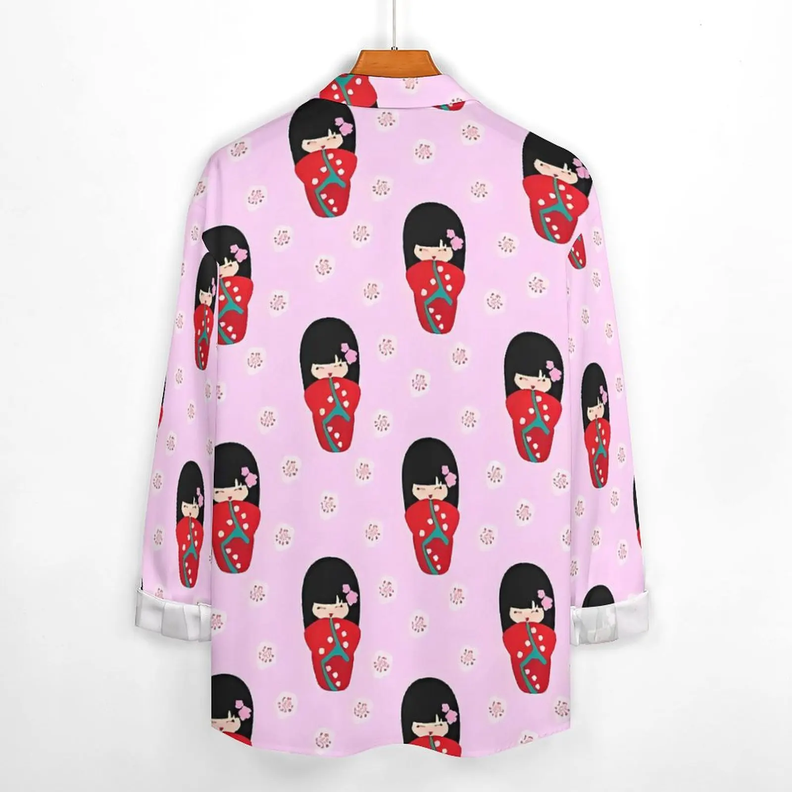 Japanese Dolls Street Casual Shirt Man Red Kokeshi Spring Vintage Blouses Long Sleeve Printed Oversized Clothing