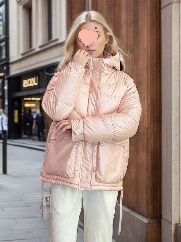 

Women's Jacket Glossy Short Korean Style Bread Clothes Thickness Warm Parkas Loose Hooded Casual Winter Women's Jackets 2023