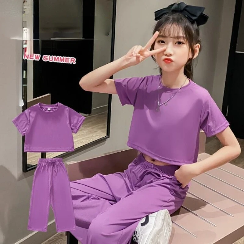 

Girls Wide Leg Pants Set Summer New Open Navel Casual Two-piece Set Girls Clothes Set 2 PCS Children Clothing for Girl Teen Kids