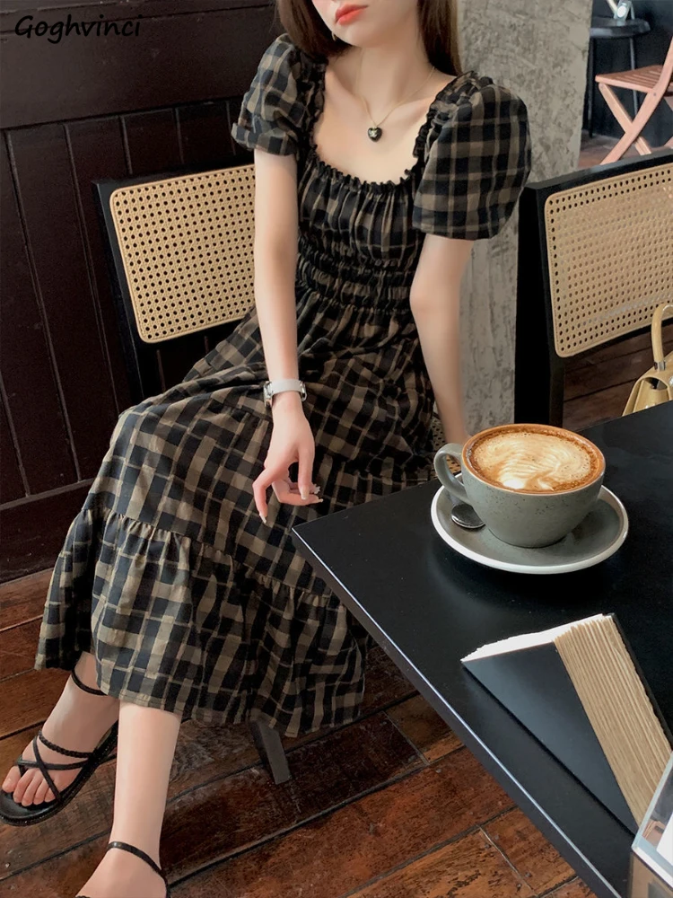 

Dress Women Folds Plaid Vintage Summer Fashion A-line High Waist Elegant Sweet Square Collar Chic Streetwear Popular Vestidos