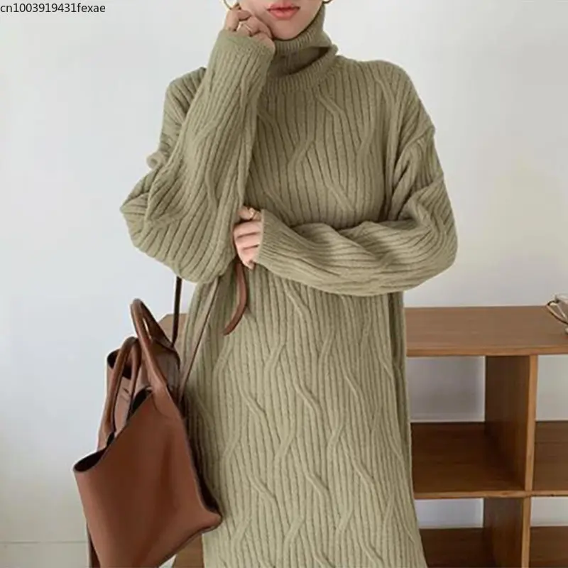 

Turtleneck Knitted Dress Women Stylish Solid Thick Long Jumper Dresses Winter Warm Loose Straight Sweater Vestidos Femme 2022