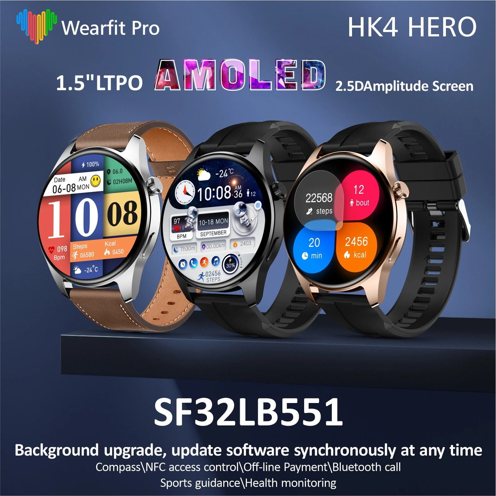 

Новинка Hk4 Hero Смарт-часы Amoled 1,5 дюйма Ltpo 2.5d амплитуда мужские Nfc умные часы Беспроводная зарядка Bluetooth Вызов Gt3 Pro 2023
