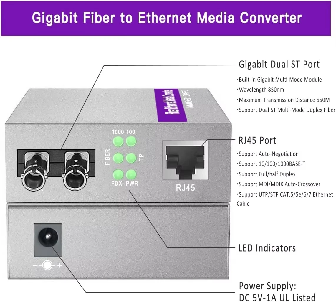 Фото XZSNET Gigabit ST RJ45 Многомодовый оптоволоконный медиаконвертер Ethernet (850 нм, 550 м), Plug & Play, 10/100/1000 Base-T, с автоматической настройкой №5