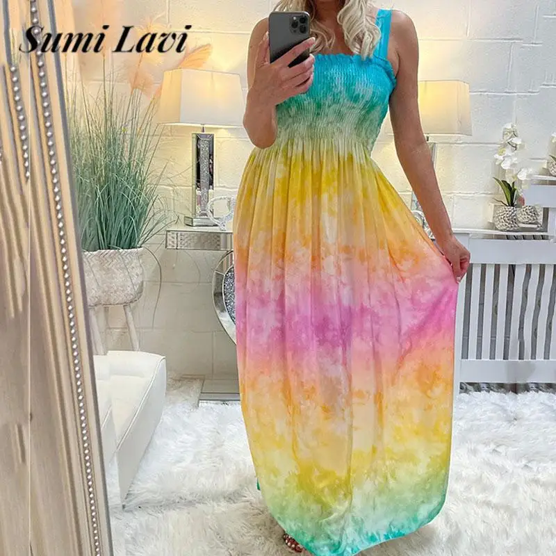 

New Summer Casual Ladies Tie-dye Long Dress Fashion Pleated Stretch Tube Top Holiday Beach Dress Women Sleeveless Backless Dress