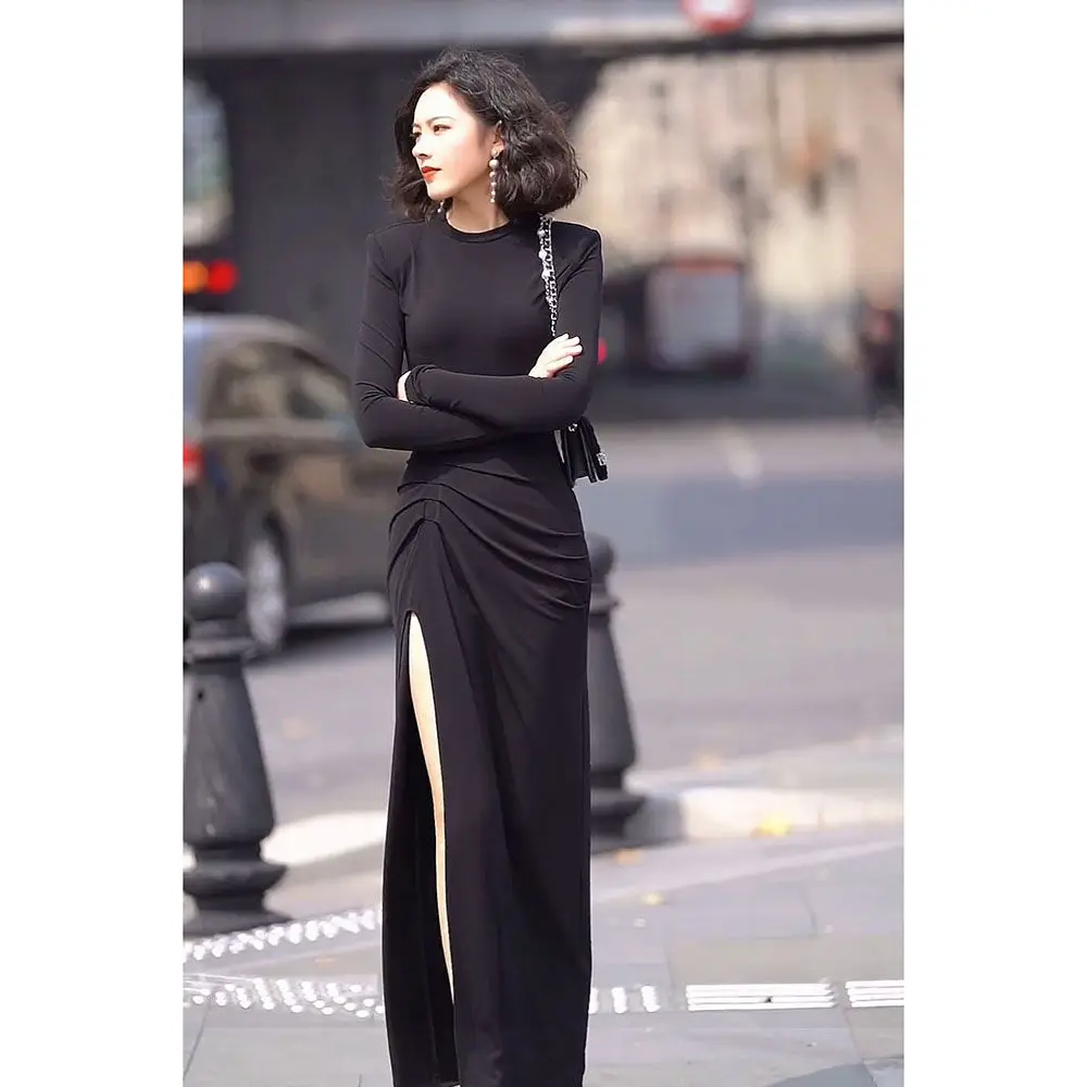 Summer Vintage Elegant Long Sleeves Ankle Length Dresses for Women 2023 Lady High Waist Bodycon Slit Evening Vestidos M437