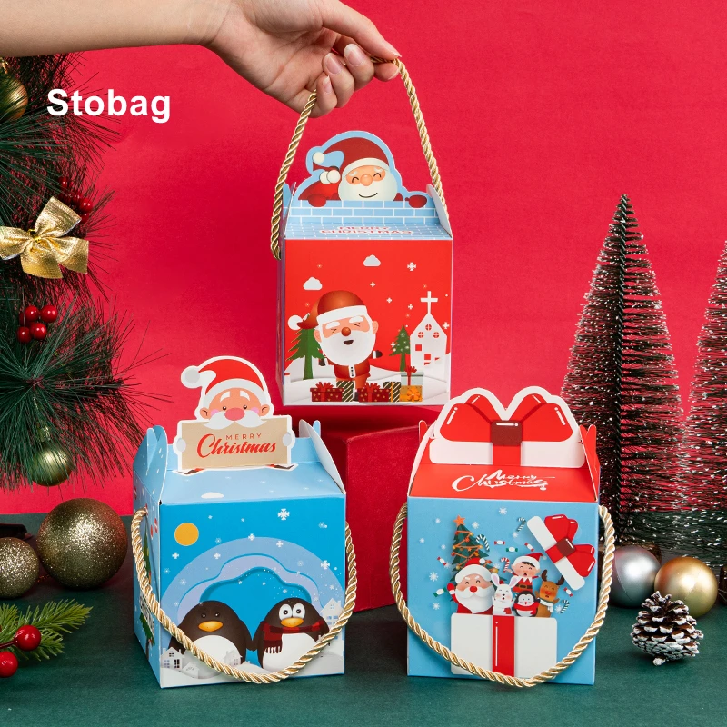 

StoBag 4pcs Marry Christmas Kraft Gift Box Handle Candy Cookies Packaging Santa Claus Cute Kids Holiday Happy Year Party Favor