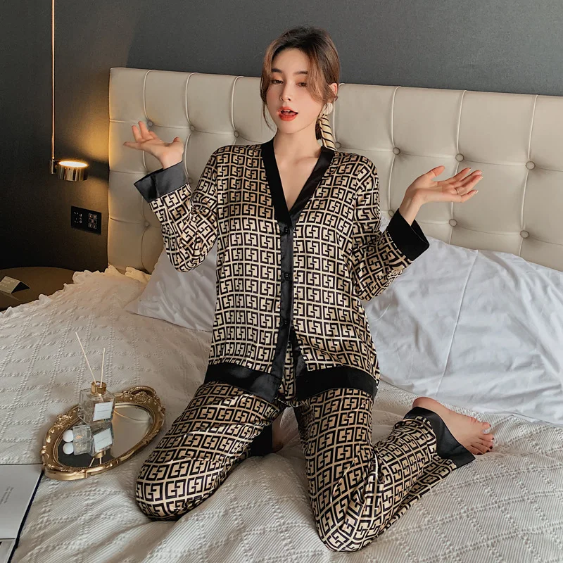Women's Pajamas Set V Neck Design Luxury Cross Letter Print Sleepwear Silk Like Home Clothes XXXL Large Size Nightwear