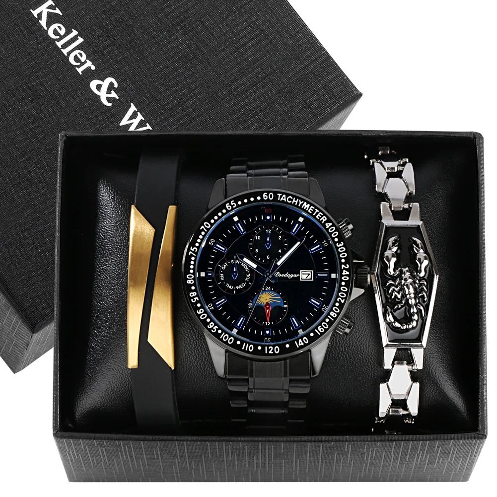 Original Gift Set for Men Date Quartz Full Steel Watch with Dragon Bracelet Practical New Year Gifts Box to Husband Father