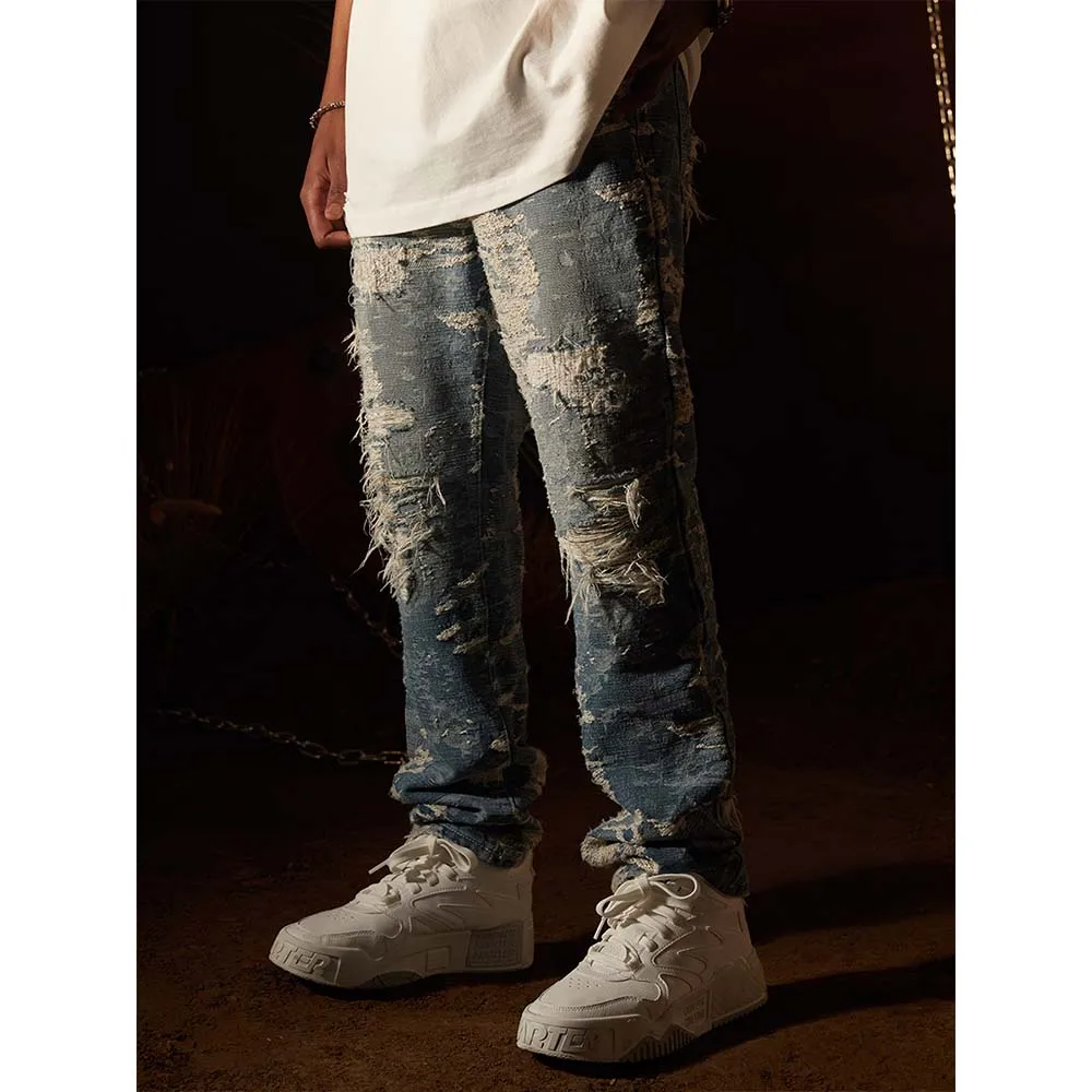 Male hip-hop street high street loose heavy industry washed straight trousers y2k jeans Distressed jeans R69